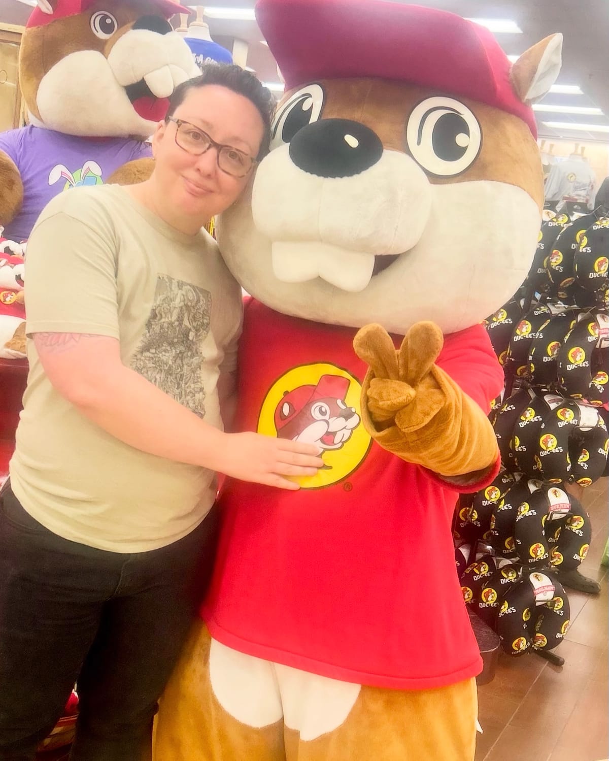photo of me posting in a Buc-ee’s with someone dressed as the beaver mascot